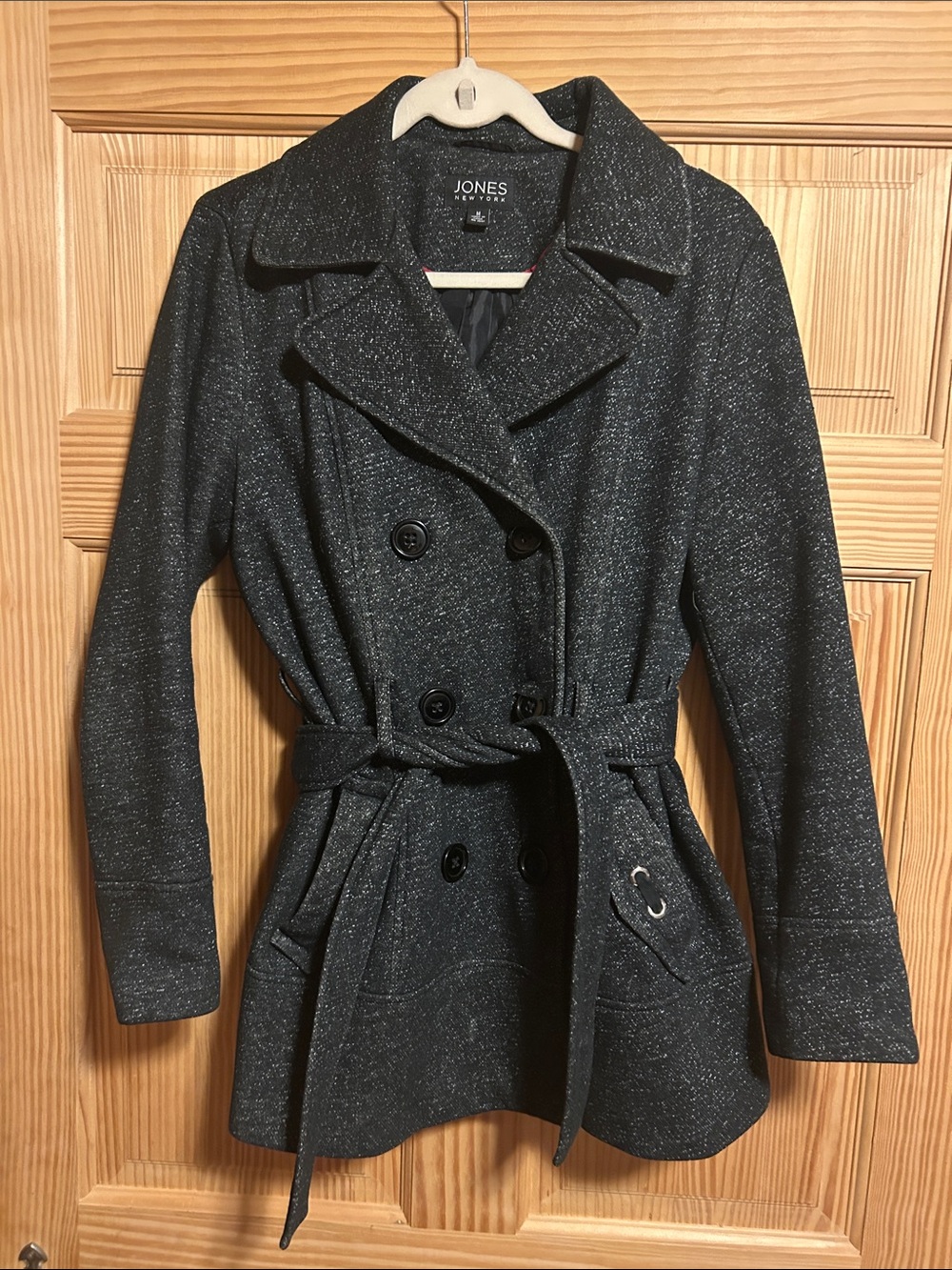 Jones New York Dark Charcoal Double-Breasted Belted Peacoat